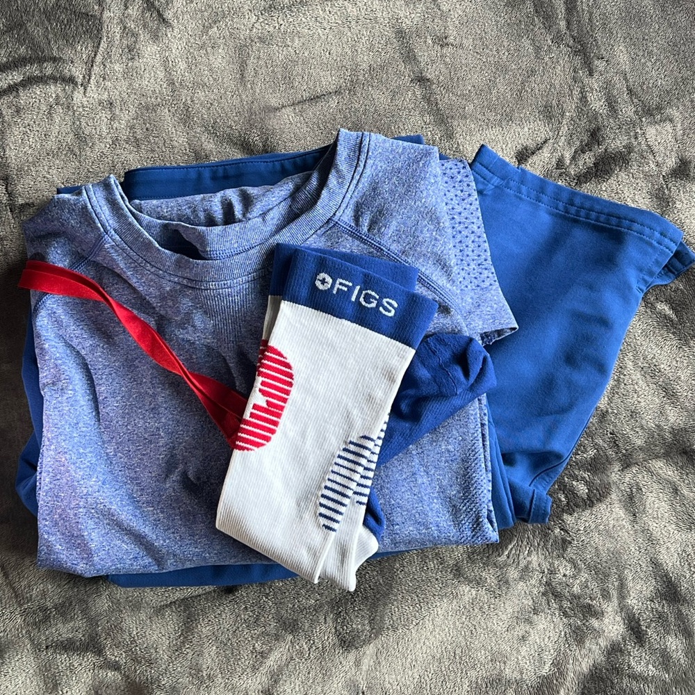FIGS Women's Blue Scrub Set with White & Red Accent Socks